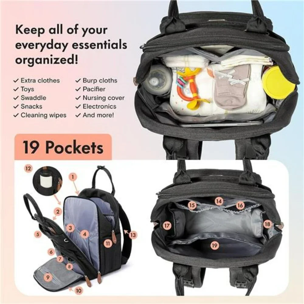 Large Black Diaper Bag Backpack with Changing Pad Pacifier Case Baby Travel Bag